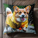雨 コーギー レインコート 水たまり クッションカバー 45×45cm アニマル柄 おしゃれ 可愛い クッション本体付き 正方形 犬ファン