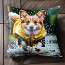 雨 コーギー レインコート 水たまり クッションカバー 45×45cm アニマル柄 おしゃれ 可愛い クッション本体付き 正方形 犬ファン