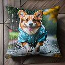 雨 コーギー レインコート 水たまり クッションカバー 45×45cm アニマル柄 おしゃれ 可愛い クッション本体付き 正方形 犬ファン