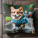 雨 コーギー レインコート 水たまり クッションカバー 45×45cm アニマル柄 おしゃれ 可愛い クッション本体付き 正方形 犬ファン
