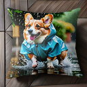雨 コーギー レインコート 水たまり クッションカバー 45×45cm アニマル柄 おしゃれ 可愛い クッション本体付き 正方形 犬ファン