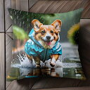 雨 コーギー レインコート 水たまり クッションカバー 45×45cm アニマル柄 おしゃれ 可愛い クッション本体付き 正方形 犬ファン
