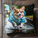 雨 コーギー レインコート 水たまり 車 クッションカバー 45×45cm アニマル柄 おしゃれ 可愛い クッション本体付き 正方形 犬ファン