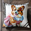 ワンピース コーギー ギンガムチェック クッションカバー 45×45cm アニマル柄 おしゃれ 可愛い クッション本体付き 正方形 犬ファン
