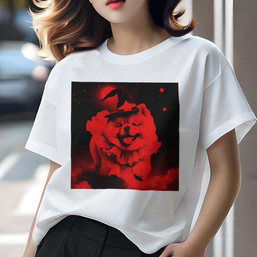 チャウチャウ Tシャツ レディース 犬ファン 半袖 春夏 犬柄 プリント カジュアル かわいい 人間用 個性派 ここだけのデザイン 面白 ハロウィン チャウチャウ 月 星 魔女の帽子