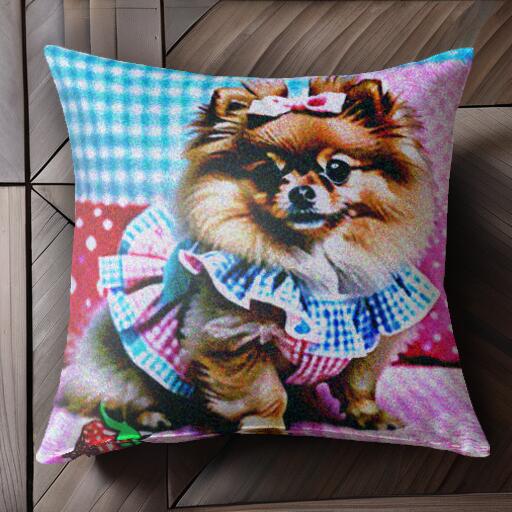 イチゴ ポメラニアン リボン ワンピース ドット柄 クッションカバー 45×45cm アニマル柄 おしゃれ 可愛..