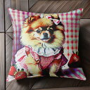 イチゴ ポメラニアン ギンガムチェック リボン ワンピース クッションカバー 45×45cm アニマル柄 おしゃれ 可愛い クッション本体付き 正方形 犬ファン