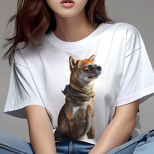 柴犬 Tシャツ レディース 犬ファン 半袖 春夏 犬柄 プリント カジュアル かわいい 人間用 個性派 ここだけのデザイン 面白 サングラス 柴犬 スカーフ(4)