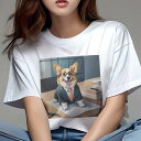 コーギー Tシャツ レディース 犬ファン 半袖 春夏 犬柄 プリント カジュアル かわいい 人間用 個性派 ここだけのデザイン 面白 スーツ コーギー ネクタイ 眼鏡 オフィス ビジネス(4)