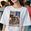シーズー Tシャツ レディース 犬ファン 半袖 春夏 犬柄 プリント カジュアル かわいい 人間用 個性派 ここだけのデザイン 面白 暖炉 シーズー 毛布 キャンドル