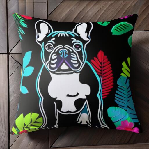 葉 フレンチブルドッグ 花 トロピカル クッションカバー 45×45cm アニマル柄 おしゃれ 可愛い クッショ..
