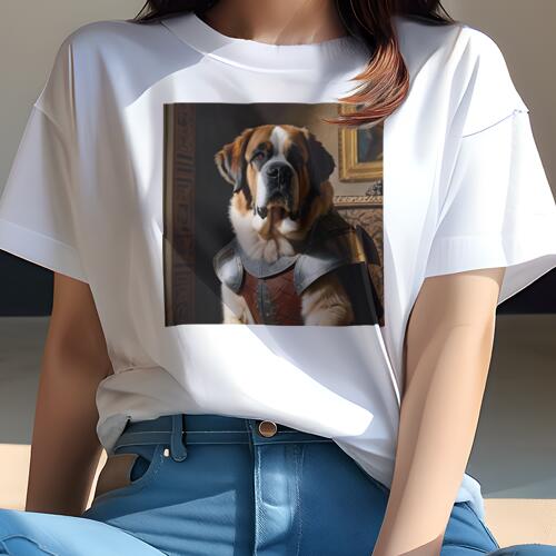 セントバーナード Tシャツ レディース 犬ファン 半袖 春夏 犬柄 プリント カジュアル かわいい 人間用 個性派 ここだけのデザイン 面白 鎧 セントバーナード 中世