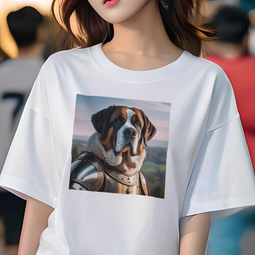 セントバーナード Tシャツ レディース 犬ファン 半袖 春夏 犬柄 プリント カジュアル かわいい 人間用 個性派 ここだけのデザイン 面白 鎧 セントバーナード 中世
