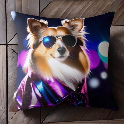 サングラス シェットランドシープドッグ ジャケット キラキラ クッションカバー 45×45cm アニマル柄 おしゃれ 可愛い クッション本体付き 正方形 犬ファン