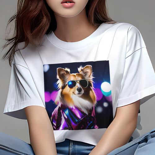 シェットランドシープドッグ Tシャツ レディース 犬ファン 半袖 春夏 犬柄 プリント カジュアル かわいい 人間用 個性派 ここだけのデザイン 面白 サングラス シェットランドシープドッグ ジャケット キラキラ(4)