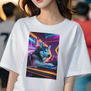 シベリアンハスキー Tシャツ レディース 犬ファン 半袖 春夏 犬柄 プリント カジュアル かわいい 人間用 個性派 ここだけのデザイン 面白 DJ シベリアンハスキー ヘッドホン ネオン 音楽