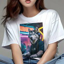 シベリアンハスキー Tシャツ レディース 犬ファン 半袖 春夏 犬柄 プリント カジュアル かわいい 人間用 個性派 ここだけのデザイン 面白 DJ シベリアンハスキー ヘッドホン ネオン