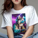 シベリアンハスキー Tシャツ レディース 犬ファン 半袖 春夏 犬柄 プリント カジュアル かわいい 人間用 個性派 ここだけのデザイン 面白 ヘッドホン シベリアンハスキー ネオン ジャケット