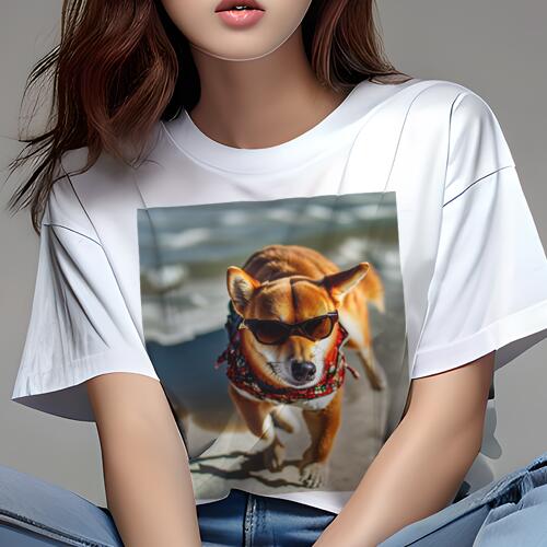柴犬 Tシャツ レディース 犬ファン 半袖 春夏 犬柄 プリント カジュアル かわいい 人間用 個性派 ここだけのデザイン 面白 サングラス 柴犬 バンダナ ビーチ