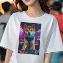 柴犬 Tシャツ レディース 犬ファン 半袖 春夏 犬柄 プリント カジュアル かわいい 人間用 個性派 ここだけのデザイン 面白 DJ 柴犬 ヘッドホン 音楽 クラブ ネオン