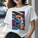 柴犬 Tシャツ レディース 犬ファン 半袖 春夏 犬柄 プリント カジュアル かわいい 人間用 個性派 ここだけのデザイン 面白 サングラス 柴犬 ネオン DJ ヘッドホン