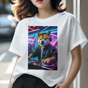 柴犬 Tシャツ レディース 犬ファン 半袖 春夏 犬柄 プリント カジュアル かわいい 人間用 個性派 ここだけのデザイン 面白 DJ 柴犬 ターンテーブル ヘッドホン ジャケット