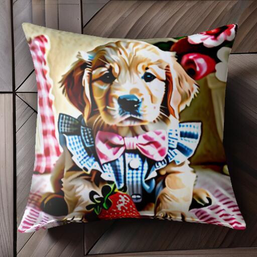イチゴ ゴールデンレトリバー 蝶ネクタイ 花 クッションカバー 45×45cm アニマル柄 おしゃれ 可愛い クッション本体付き 正方形 犬ファン