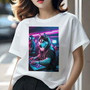 シベリアンハスキー Tシャツ レディース 犬ファン 半袖 春夏 犬柄 プリント カジュアル かわいい 人間用 個性派 ここだけのデザイン 面白 DJ シベリアンハスキー クラブ ヘッドホン ネオン