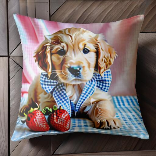 イチゴ ゴールデンレトリバー リボン チェック柄 クッションカバー 45×45cm アニマル柄 おしゃれ 可愛い クッション本体付き 正方形 犬ファン