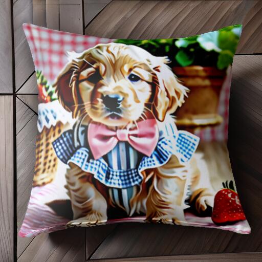 イチゴ ゴールデンレトリバー バスケット 花 チェック柄 クッションカバー 45×45cm アニマル柄 おしゃれ 可愛い クッション本体付き 正方形 犬ファン