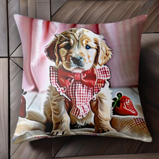 イチゴ ゴールデンレトリバー ギンガムチェック リボン クッションカバー 45×45cm アニマル柄 おしゃれ 可愛い クッション本体付き 正方形 犬ファン