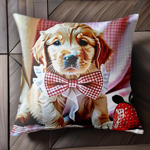 蝶ネクタイ ゴールデンレトリバー いちご チェック柄 クッションカバー 45×45cm アニマル柄 おしゃれ 可愛い クッション本体付き 正方形 犬ファン
