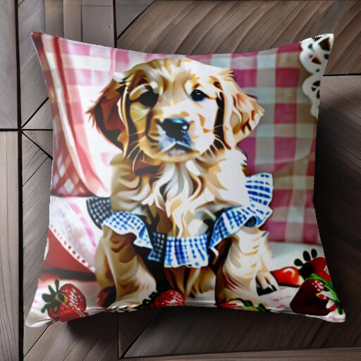 イチゴ ゴールデンレトリバー ギンガムチェック クッションカバー 45×45cm アニマル柄 おしゃれ 可愛い クッション本体付き 正方形 犬ファン