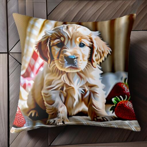 イチゴ ゴールデンレトリバー 背景 クッションカバー 45×45cm アニマル柄 おしゃれ 可愛い クッション本体付き 正方形 犬ファン