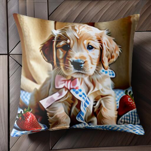 イチゴ ゴールデンレトリバー リボン チェック柄 クッションカバー 45×45cm アニマル柄 おしゃれ 可愛い クッション本体付き 正方形 犬ファン