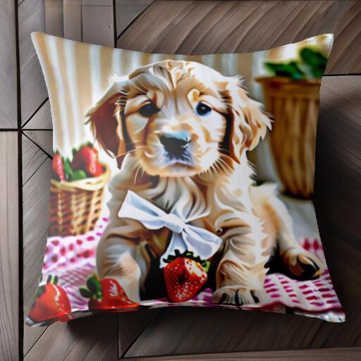 イチゴ ゴールデンレトリバー バスケット リボン クッションカバー 45×45cm アニマル柄 おしゃれ 可愛い クッション本体付き 正方形 犬ファン
