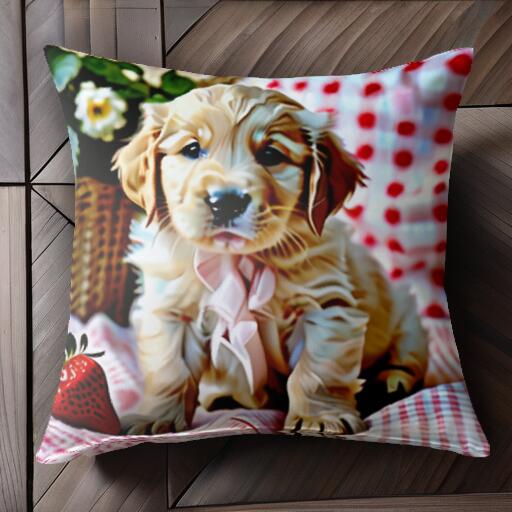 イチゴ ゴールデンレトリバー 花 バスケット チェック柄 クッションカバー 45×45cm アニマル柄 おしゃれ 可愛い クッション本体付き 正方形 犬ファン