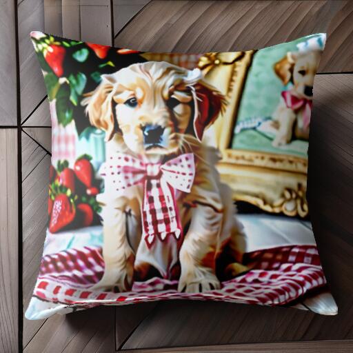 イチゴ ゴールデンレトリバー リボン チェック柄 額縁 クッションカバー 45×45cm アニマル柄 おしゃれ 可愛い クッション本体付き 正方形 犬ファン