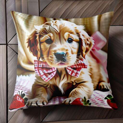 イチゴ ゴールデンレトリバー リボン チェック柄 クッションカバー 45×45cm アニマル柄 おしゃれ 可愛い クッション本体付き 正方形 犬ファン