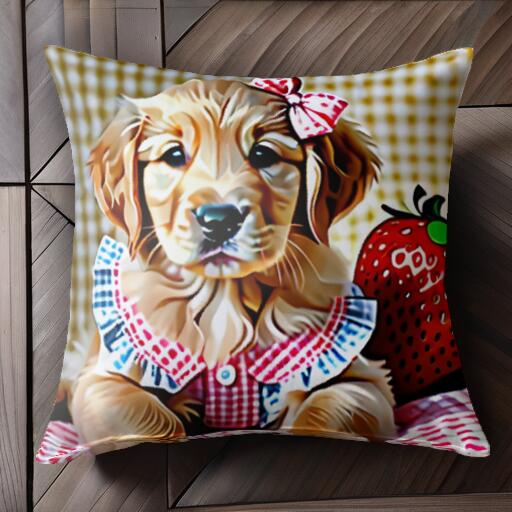 リボン ゴールデンレトリバー いちご チェック柄 クッションカバー 45×45cm アニマル柄 おしゃれ 可愛い クッション本体付き 正方形 犬ファン