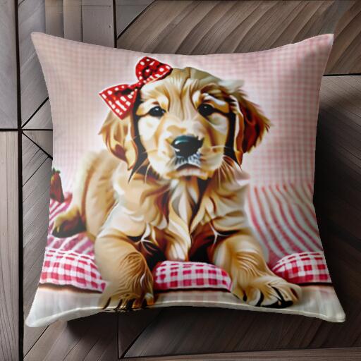リボン ゴールデンレトリバー いちご チェック柄 クッションカバー 45×45cm アニマル柄 おしゃれ 可愛い クッション本体付き 正方形 犬ファン