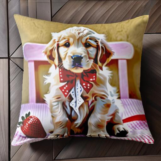 イチゴ ゴールデンレトリバー 椅子 リボン クッションカバー 45×45cm アニマル柄 おしゃれ 可愛い クッション本体付き 正方形 犬ファン
