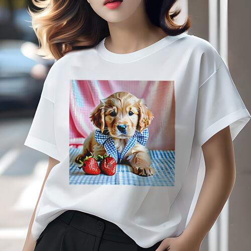 ゴールデンレトリバー Tシャツ レディース 犬ファン 半袖 春夏 犬柄 プリント カジュアル かわいい 人間用 個性派 ここだけのデザイン 面白 イチゴ ゴールデンレトリバー リボン チェック柄