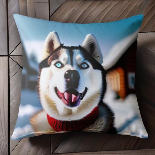 雪 シベリアンハスキー 冬 犬 赤いマフラー クッションカバー 45×45cm アニマル柄 おしゃれ 可愛い クッション本体付き 正方形 犬ファン