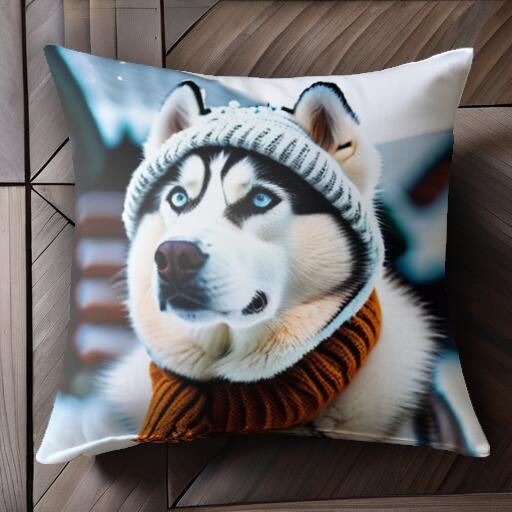 ニット帽 シベリアンハスキー マフラー 冬 雪 クッションカバー 45×45cm アニマル柄 おしゃれ 可愛い クッション本体付き 正方形 犬ファン