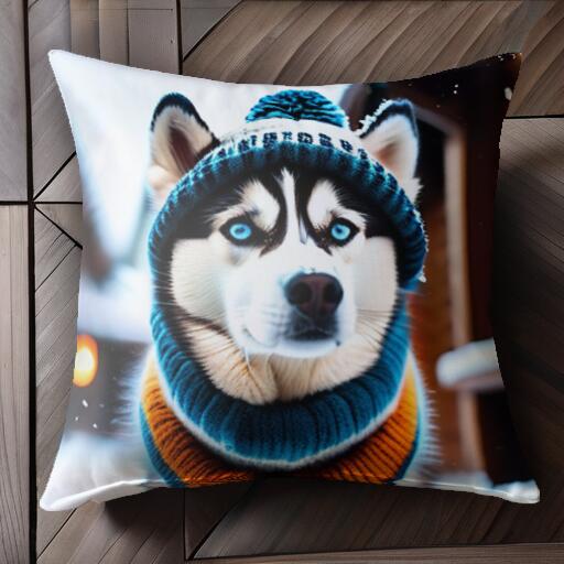 ニット帽 シベリアンハスキー マフラー 冬 雪 クッションカバー 45×45cm アニマル柄 おしゃれ 可愛い クッション本体付き 正方形 犬ファン
