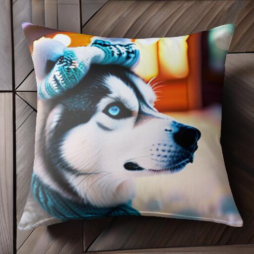ニット帽 ハスキー マフラー 冬 雪 クッションカバー 45×45cm アニマル柄 おしゃれ 可愛い クッション本体付き 正方形 犬ファン