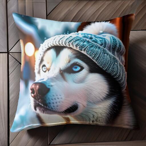 ニット帽 シベリアンハスキー 冬 雪 クッションカバー 45×45cm アニマル柄 おしゃれ 可愛い クッション本体付き 正方形 犬ファン