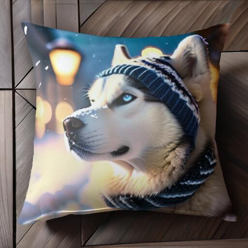 冬 シベリアンハスキー 雪 帽子 マフラー クッションカバー 45×45cm アニマル柄 おしゃれ 可愛い クッション本体付き 正方形 犬ファン
