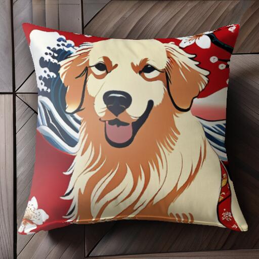 波 ゴールデンレトリバー 花 和風 クッションカバー 45×45cm アニマル柄 おしゃれ 可愛い クッション本体付き 正方形 犬ファン